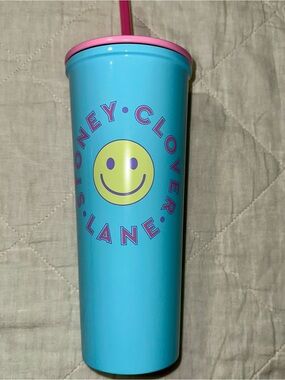 Stoney Clover Lane Aqua Tumbler with Pink Lid and Yellow Smiley